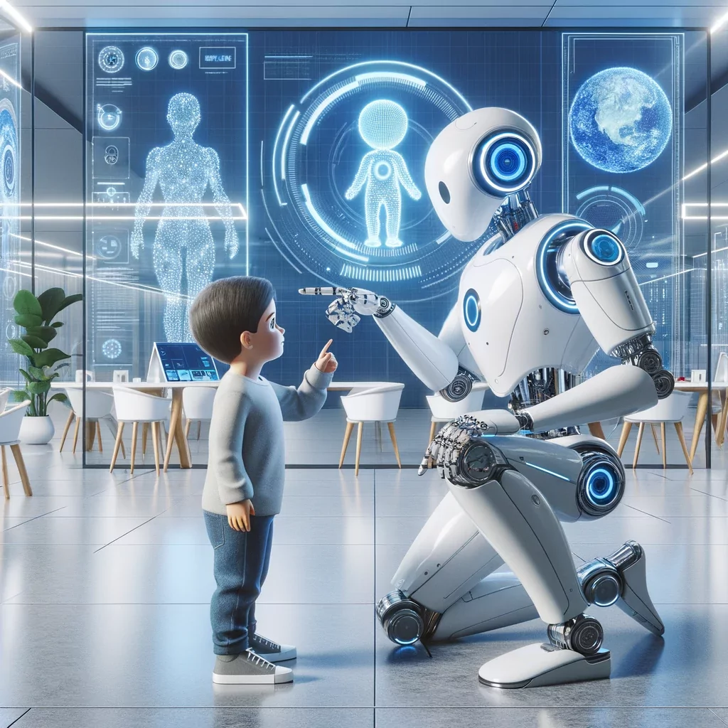 AI for Personalized Education and Learning - a humanoid robot interacting with a child in a futuristic environment, symbolizing AI in education