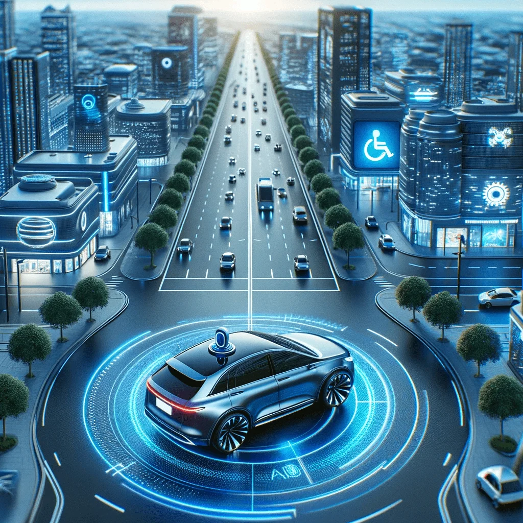 Transforming Transportation Industry through AI Innovations - An autonomous car navigating through a smart city, representing AI in transportation
