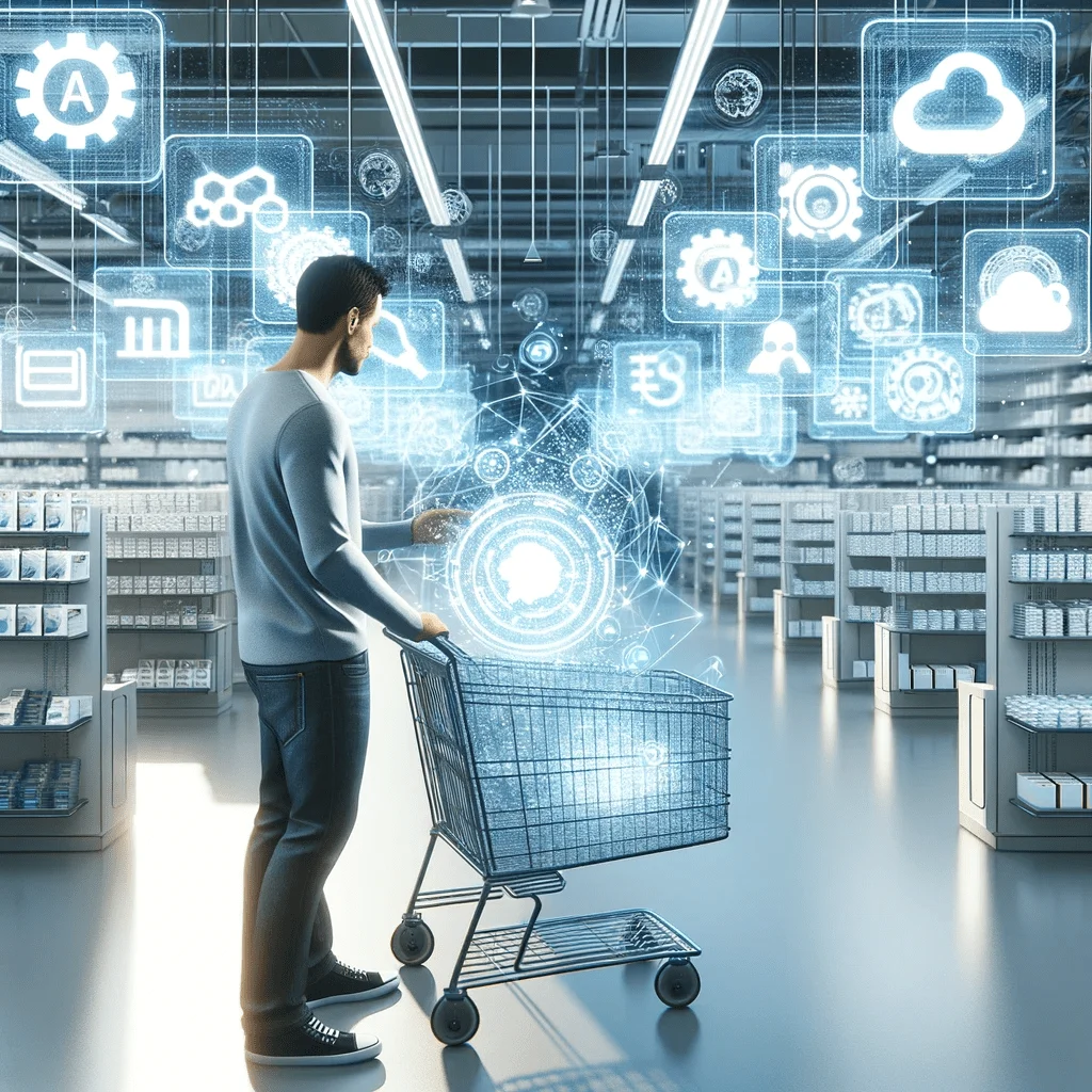 A man in a modern digital store, putting various abstract API icons into a shopping cart.The GPT Store OpenAI's New Platform for Custom AI Models Will Live Next Week