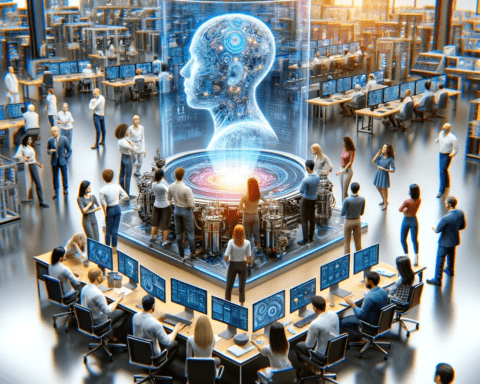 Concept of a group of scientists and engineers collaborating around a large, futuristic AI model - How is Google's AI User Experience Team Transforming the Future of Tech