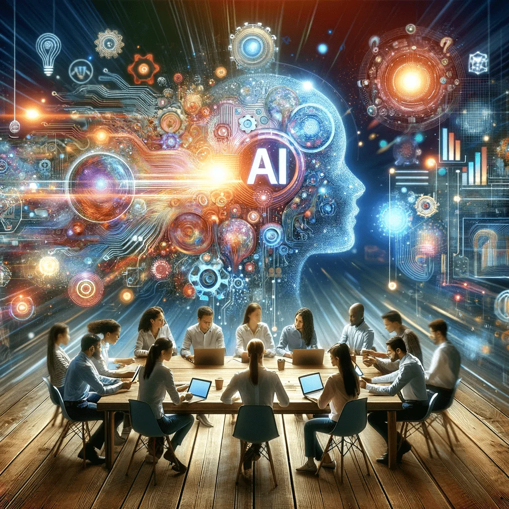 Conceptual illustration of a modern, diverse team collaborating in an AI-enhanced environment, showcasing a blend of technology and human creativity
