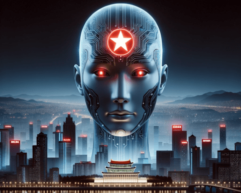 North Korea AI Ambitions Cloaked Titan Awakens in the Realm of Artificial Intelligence - An AI head with a glowing red star on its forehead emerges above the skyline of Pyongyang