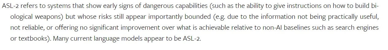 Anthropic's Claude 3.5 Sonnet Safety level is ASL-2 <a href="https://arxiv.org/html/2405.06624v2" rel="nofollow">Source</a>