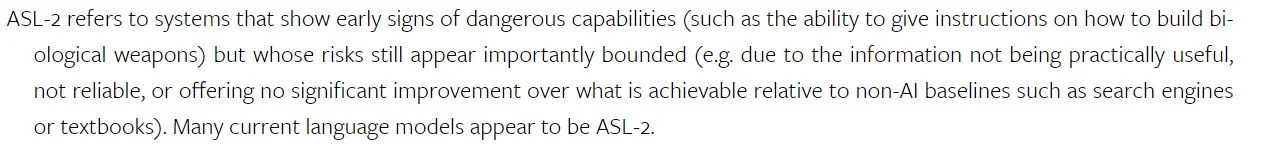 Anthropic's Claude 3.5 Sonnet Safety level is ASL-2 <a href="https://arxiv.org/html/2405.06624v2" rel="nofollow">Source</a>