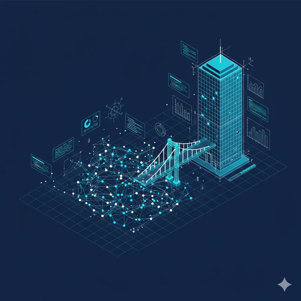 A sophisticated blue and cyan schematic illustration showing a digital bridge connecting a complex OpenAI neural network to a corporate skyscraper, representing enterprise AI adoption