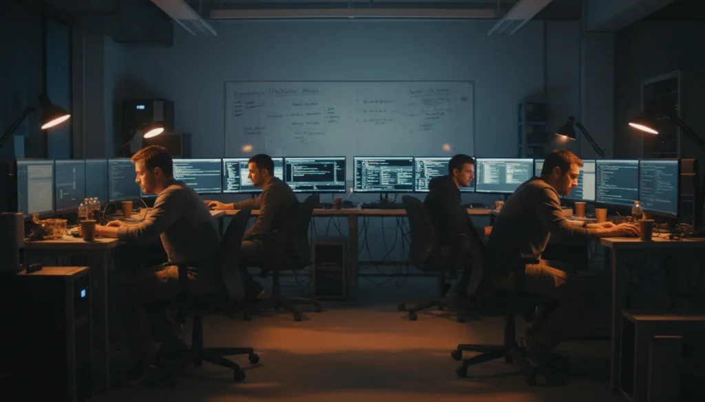 Engineers studying Anthropic Claude AI model distillation on screens