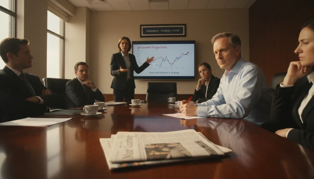 Executives discuss AI washing layoffs blame in a corporate boardroom