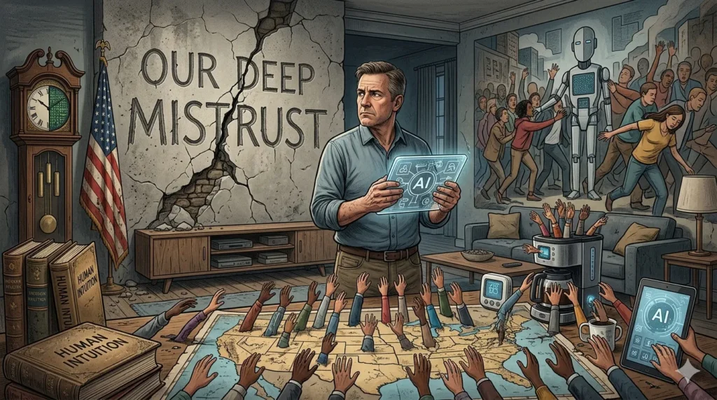 A detailed illustration depicting the complex relationship between Americans and artificial intelligence. In the foreground, a map of the United States is covered in reaching hands attempting to grasp glowing AI icons, representing rapid adoption. A central figure holds a transparent tablet displaying 'AI', while looking apprehensively toward a crumbling stone wall in the background. On the wall, the message 'OUR DEEP MISTRUST' is prominently carved. A large mural to the right shows a crowd being forcibly integrated by a large robot. This visual juxtaposition illustrates that while technology spreads quickly, many Americans lack trust in AI. The scene includes detailed elements like a large clock and old books.