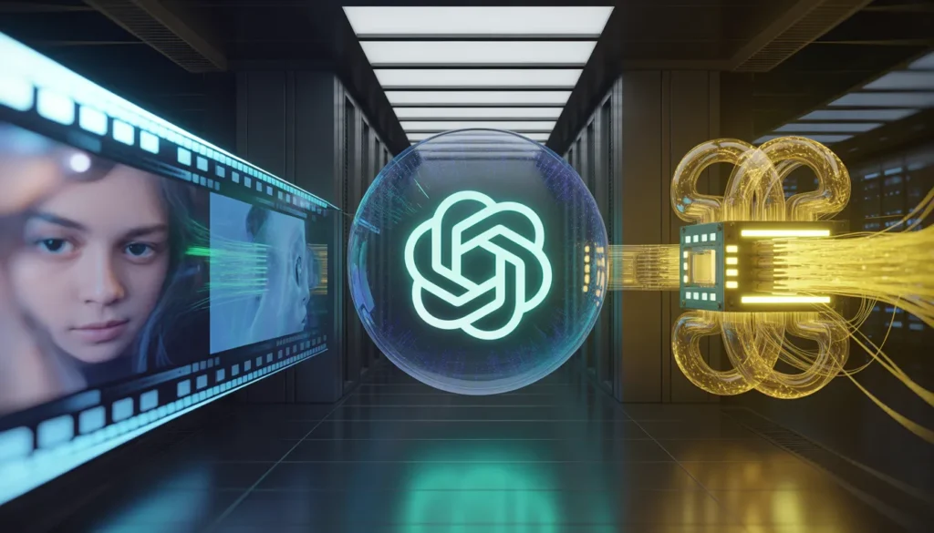A conceptual image within a modern server room, where a holographic video film strip of a woman's face is connected to a central sphere containing the cyan OpenAI geometric logo. Yellow fiber-optic tubes extend from the sphere to a complex, cubic data structure, illustrating the transformation of video into actionable data.