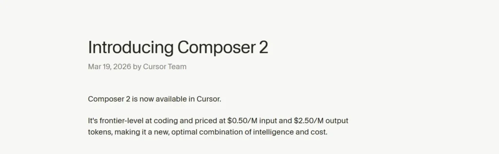 Screenshot of Cursor Composer 2 announcement highlighting improved coding performance and reduced token pricing compared to previous models.