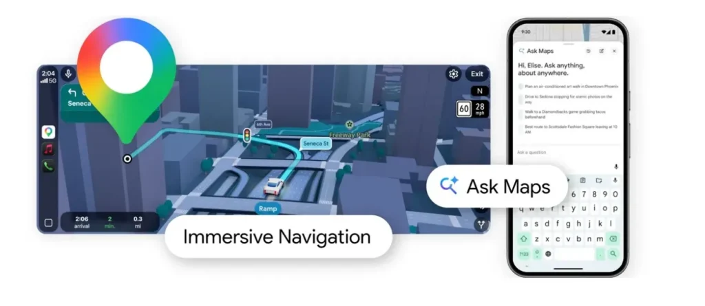 A split-screen graphic showing Google Maps' 3D Immersive View on a car display and the 'Ask Maps' AI chatbot interface on a smartphone.