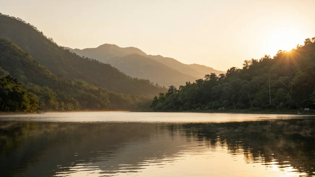 Nvidia Nemotron 3 Super benchmarks: Mountain lake at sunrise with golden light