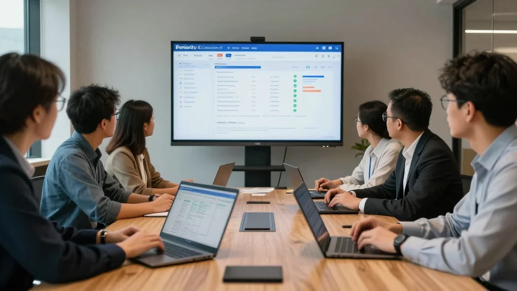 Managers review reports around a table with Perplexity Computer AI platform dashboard