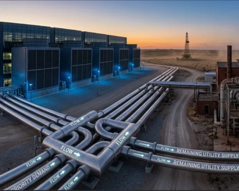 An aerial visualization comparing a vast, modern AI data center with blue accent lighting to an older, rusted industrial facility, both linked by natural gas pipelines. The pipelines featuring clear "FLOW" arrows are significantly constrained and directed toward the data center, visually representing the immense natural gas supply pressure created by AI demand.