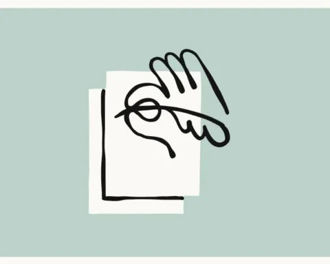 A minimalist, hand-drawn black line art icon featuring a stylized hand holding a pen over two sheets of paper, centered on a soft sage green background. This artistic representation celebrates the Anthropic Claude Design launch and its new creative capabilities.