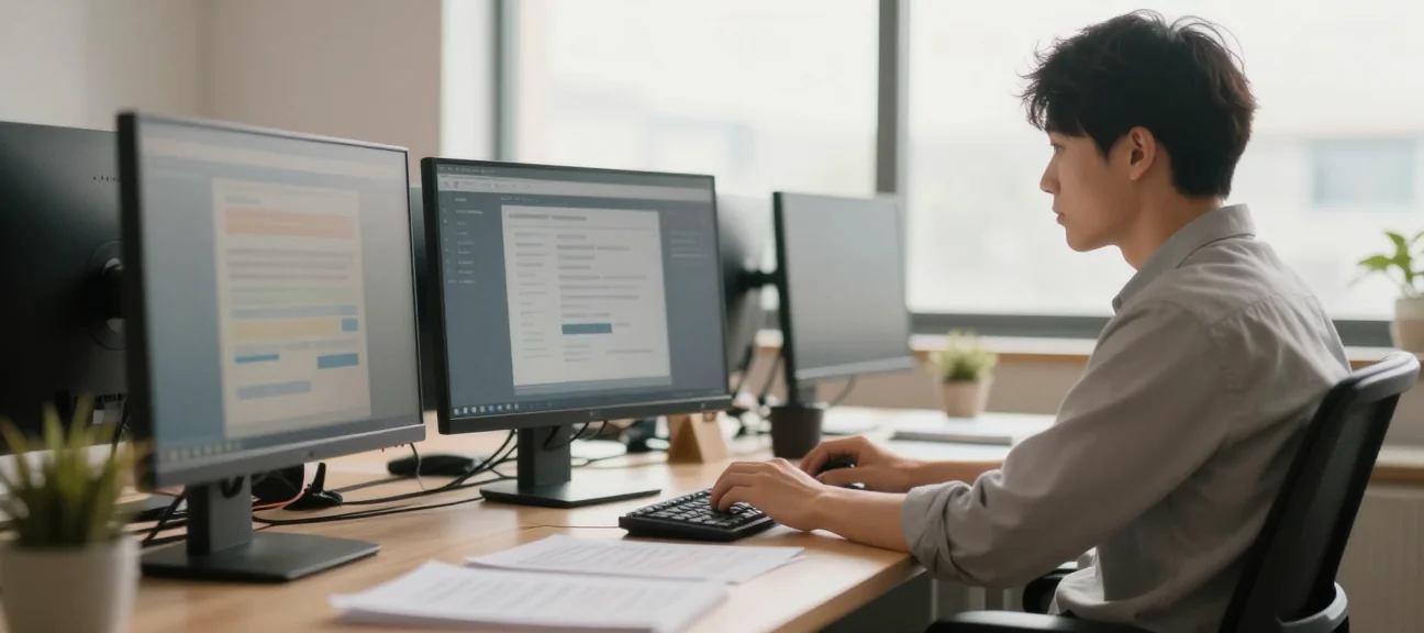 Riesgos de seguridad de la IA de Anthropic Claude Mythos: Persona trabajando en un escritorio en una oficina con pantallas de computadora y papeles