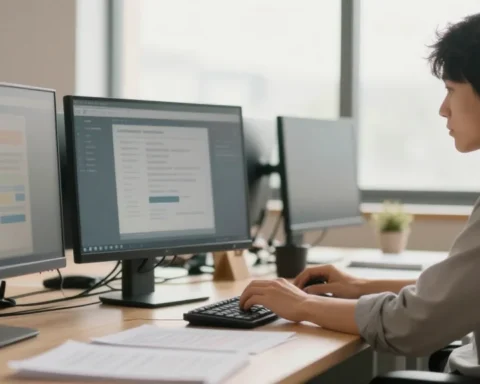 Anthropic Claude Mythos AI-Sicherheitsrisiken: Person arbeitet an einem Schreibtisch in einem Büro mit Computern und Papieren