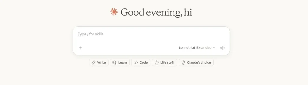 Anthropic Claude User Interface prompt bar with categories like Write, Learn, Code, and Life stuff.