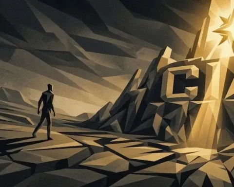 Una ilustración angular de bajo polígono en una paleta de gris carbón profundo y dorado cálido. A la derecha, una cara de acantilado monumental está tallada con las letras gigantes y bloqueadas 'CIA', posicionadas bajo un emblema en forma de estrella radiante y un haz de luz, representando la vasta ambición de la Agencia. En el primer plano izquierdo, una figura humana solitaria en una pose pensativa de caminar observa esta estructura monumental, proyectando una sombra profunda.