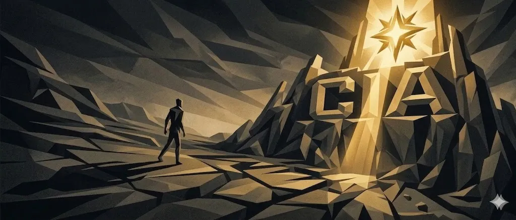 A stark, angular low-poly illustration in a deep charcoal gray and warm gold palette. On the right, a monumental cliff face is carved with the giant, blocky letters 'CIA', positioned under a radiant star-like emblem and a shaft of light, representing the vast ambition of the Agency. In the left foreground, a solitary human figure in a pensive walking pose observes this monumental structure, casting a deep shadow. The scene visualizes the concept of massive technological scale (the 'CIA') confronting the solitary nature of the human analyst in the context of CIA AI coworker plans.