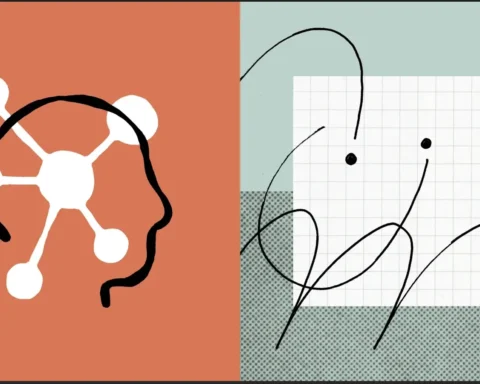 Un díptico conceptual con un panel cálido coral a la izquierda y un panel fresco teal a la derecha. El lado izquierdo presenta un icono de red cerebral con nodos neuronales conectados, representando la arquitectura central de IA. Una silueta caligráfica oscura de una cabeza humana está integrada sobre esta red. El lado derecho presenta un patrón de cuadrícula superpuesto sobre un patrón de medio tono verde texturizado, con líneas caligráficas oscuras complejas y varios puntos (variables de codificación). Este díptico simboliza la colaboración y la tensión entre la inteligencia artificial y humana, sirviendo como imagen destacada para las características del lanzamiento de Claude Opus 4.7 en codificación.