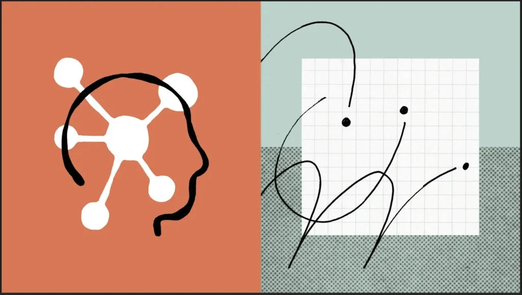 A conceptual diptych with a warm coral panel on the left and a cool teal panel on the right. The left side features a brain-network icon with connected neural nodes, representing core AI architecture. A dark, calligraphic silhouette of a human head is integrated over this network. The right side features a grid pattern overlaid on a textured green half-tone pattern, with complex, dark calligraphic lines and several points (coding variables). This diptych symbolizes the collaboration and tension between AI and human intelligence, serving as a featured image for Claude Opus 4.7 release features in coding.