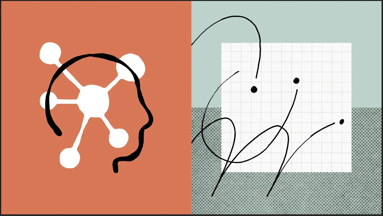 A conceptual diptych with a warm coral panel on the left and a cool teal panel on the right. The left side features a brain-network icon with connected neural nodes, representing core AI architecture. A dark, calligraphic silhouette of a human head is integrated over this network. The right side features a grid pattern overlaid on a textured green half-tone pattern, with complex, dark calligraphic lines and several points (coding variables). This diptych symbolizes the collaboration and tension between AI and human intelligence, serving as a featured image for Claude Opus 4.7 release features in coding.