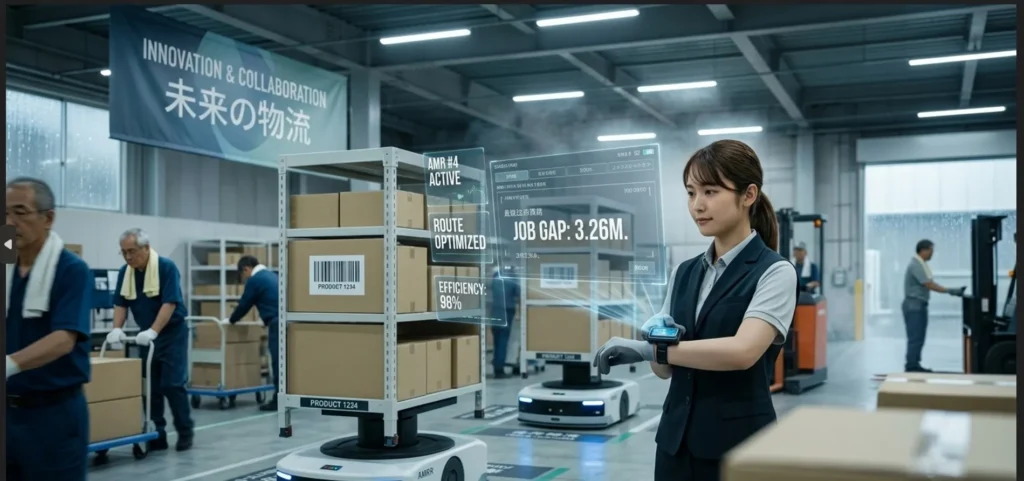 A high-angle photograph inside a modern logistics center in Japan, contrasting a single human worker carrying a traditional stack of cardboard boxes in the foreground with a long, dense fleet of multiple autonomous mobile robots in the midground, all moving efficiently toward a large bay of automated racks. The image captures the dynamic tension of Japan labor shortage and AI adoption.