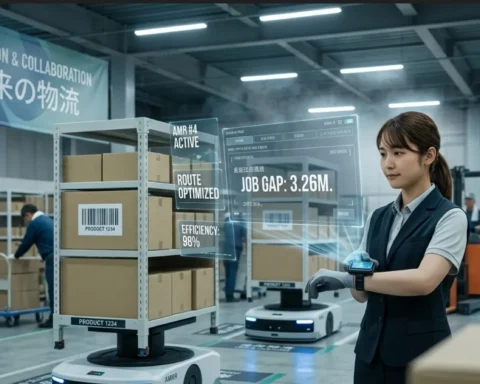 A high-angle photograph inside a modern logistics center in Japan, contrasting a single human worker carrying a traditional stack of cardboard boxes in the foreground with a long, dense fleet of multiple autonomous mobile robots in the midground, all moving efficiently toward a large bay of automated racks. The image captures the dynamic tension of Japan labor shortage and AI adoption.