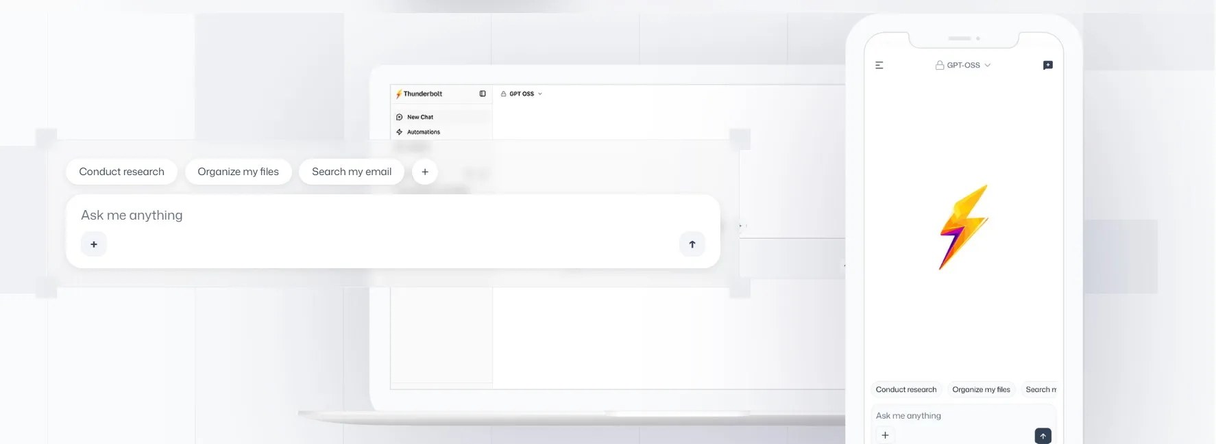 A wide featured image displaying the Mozilla Thunderbolt AI client interface across both a laptop screen and a mobile device. The UI is clean and minimalist, featuring a prompt box that says "Ask me anything" and quick-action buttons for research, file organization, and email searching. A vibrant, multi-colored lightning bolt logo is prominent on the mobile screen.
