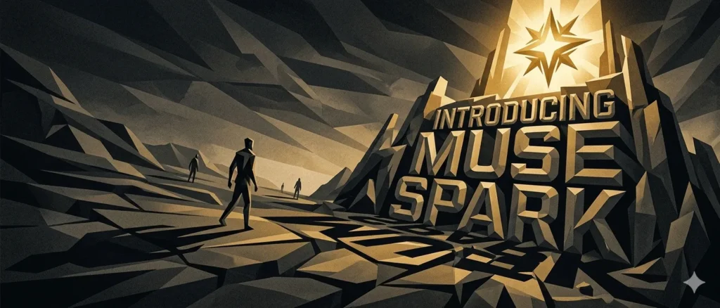 A dark, stylized low-poly and cel-shaded graphic illustration showing figures walking through a fractured, rocky landscape towards a massive, carved stone monument that reads 'INTRODUCING MUSE SPARK', with a bright glowing star above it, visually representing the Meta Muse Spark AI model benchmarks.