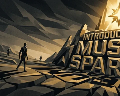A dark, stylized low-poly and cel-shaded graphic illustration showing figures walking through a fractured, rocky landscape towards a massive, carved stone monument that reads 'INTRODUCING MUSE SPARK', with a bright glowing star above it, visually representing the Meta Muse Spark AI model benchmarks.
