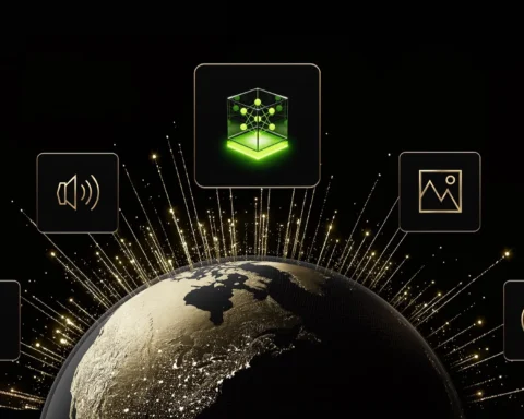 A cinematic digital illustration showcasing the NVIDIA Nemotron 3 Nano Omni multimodal model. A glowing, golden-textured Earth is at the bottom, with light rays shooting upward toward five floating icons. The central icon features a glowing green 3D neural network cube, flanked by icons representing audio, text, images, and video, symbolizing the model's versatile processing capabilities.