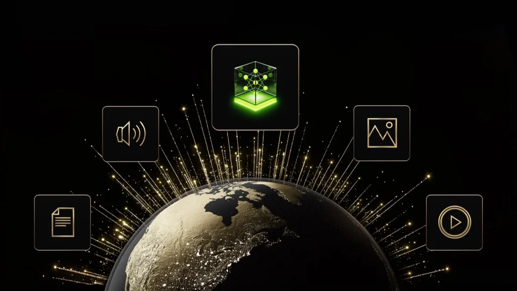 Eine kinematografische digitale Illustration, die das NVIDIA Nemotron 3 Nano Omni Multimodell zeigt. Ein leuchtender, goldtexturierter Erdball befindet sich unten, wobei Lichtstrahlen nach oben zu fünf schwebenden Symbolen schießen. Das zentrale Symbol zeigt einen leuchtenden grünen 3D-Neuronalen-Netzwerk-Würfel, flankiert von Symbolen, die Audio, Text, Bilder und Video darstellen und die vielseitigen Verarbeitungsfähigkeiten des Modells symbolisieren.