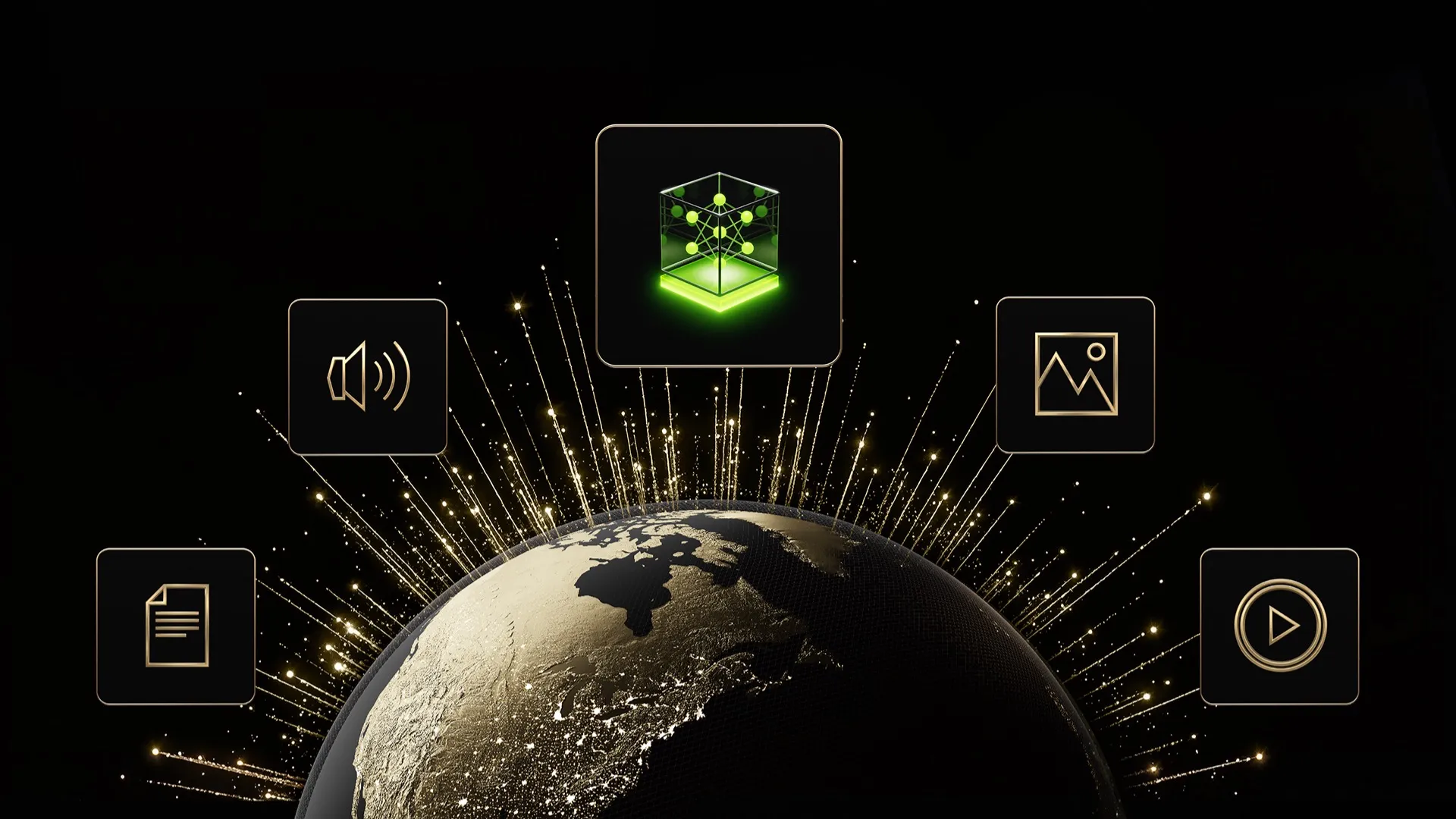 A cinematic digital illustration showcasing the NVIDIA Nemotron 3 Nano Omni multimodal model. A glowing, golden-textured Earth is at the bottom, with light rays shooting upward toward five floating icons. The central icon features a glowing green 3D neural network cube, flanked by icons representing audio, text, images, and video, symbolizing the model's versatile processing capabilities.
