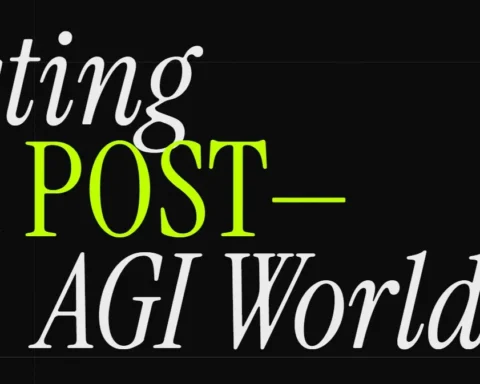 A dark, minimalist graphic with bold white and neon green typography that reads "Investing in the POST-AGI World