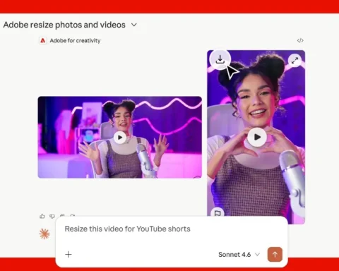 Una interfaz de usuario que muestra la integración de Adobe Claude AI en acción. La pantalla muestra un espacio de trabajo de 'Claude' donde se está utilizando una herramienta de Adobe para cambiar el tamaño de un video de una creadora femenina para YouTube Shorts. El video original en formato horizontal se muestra junto a una versión vertical recién generada, con un cuadro de solicitud en la parte inferior que dice 'Cambiar el tamaño de este video para YouTube shorts' utilizando el modelo Sonnet 4.6.