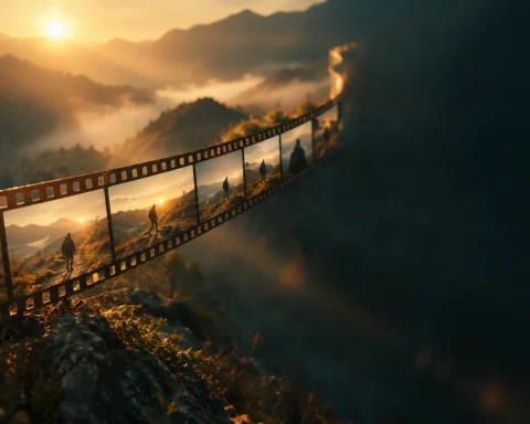 Film strip with ten frames unrolling across a misty mountain valley at golden hour, one scene shown moment by moment
