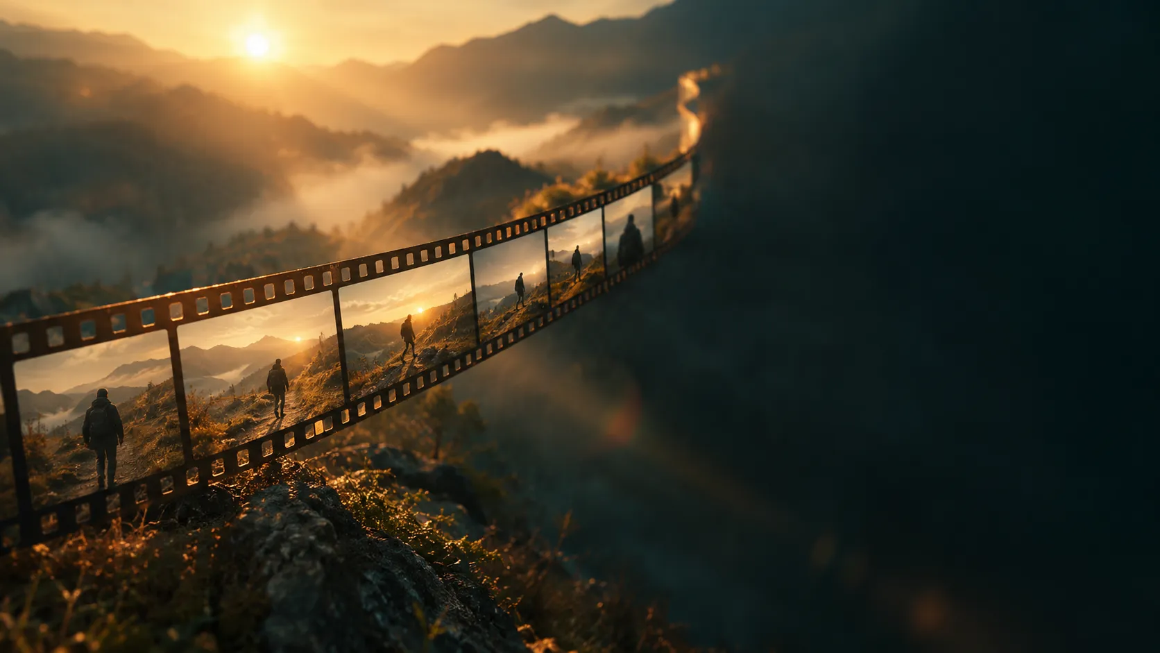 Film strip with ten frames unrolling across a misty mountain valley at golden hour, one scene shown moment by moment