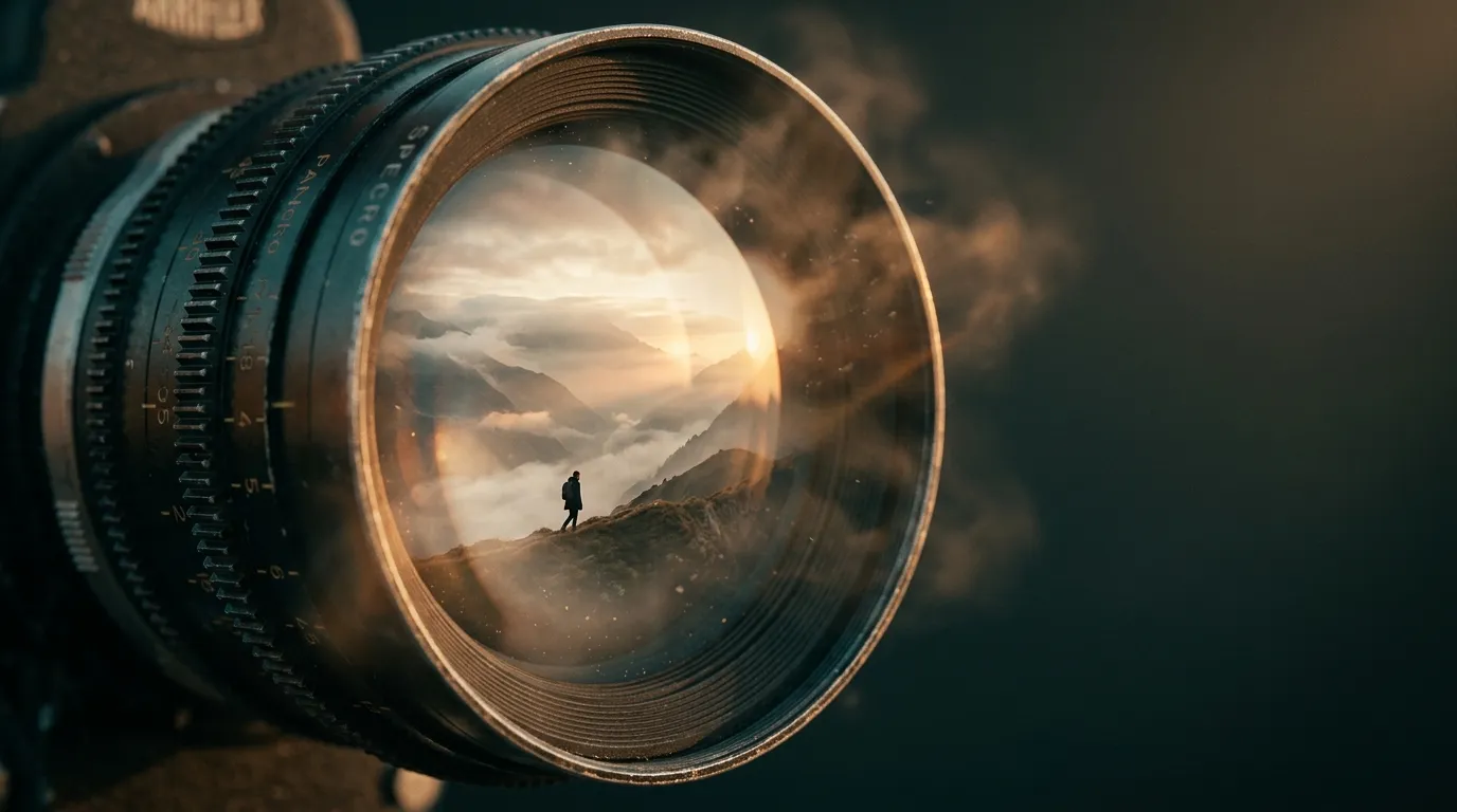 Vintage cinema camera lens reflecting a misty mountain valley, a visual for the best AI video generators in 2027