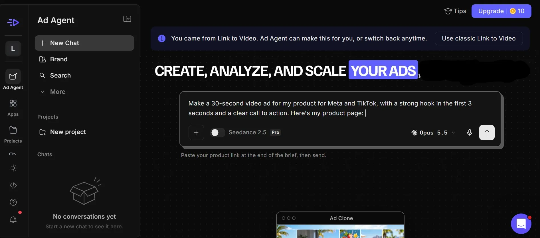 Creatify Ad Agent screen with a prompt to make a 30-second video ad and a field for the product page link