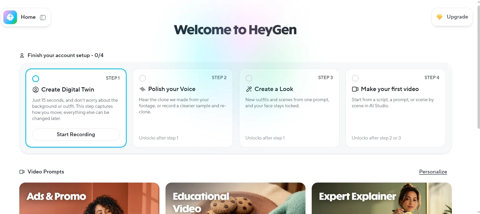 HeyGen welcome screen with four setup steps: create a digital twin, polish your voice, create a look, make a video