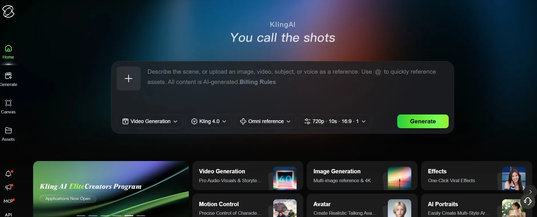 Kling AI generation panel with Kling 4.0 selected, Omni reference, 720p, 10 seconds and 16:9 settings