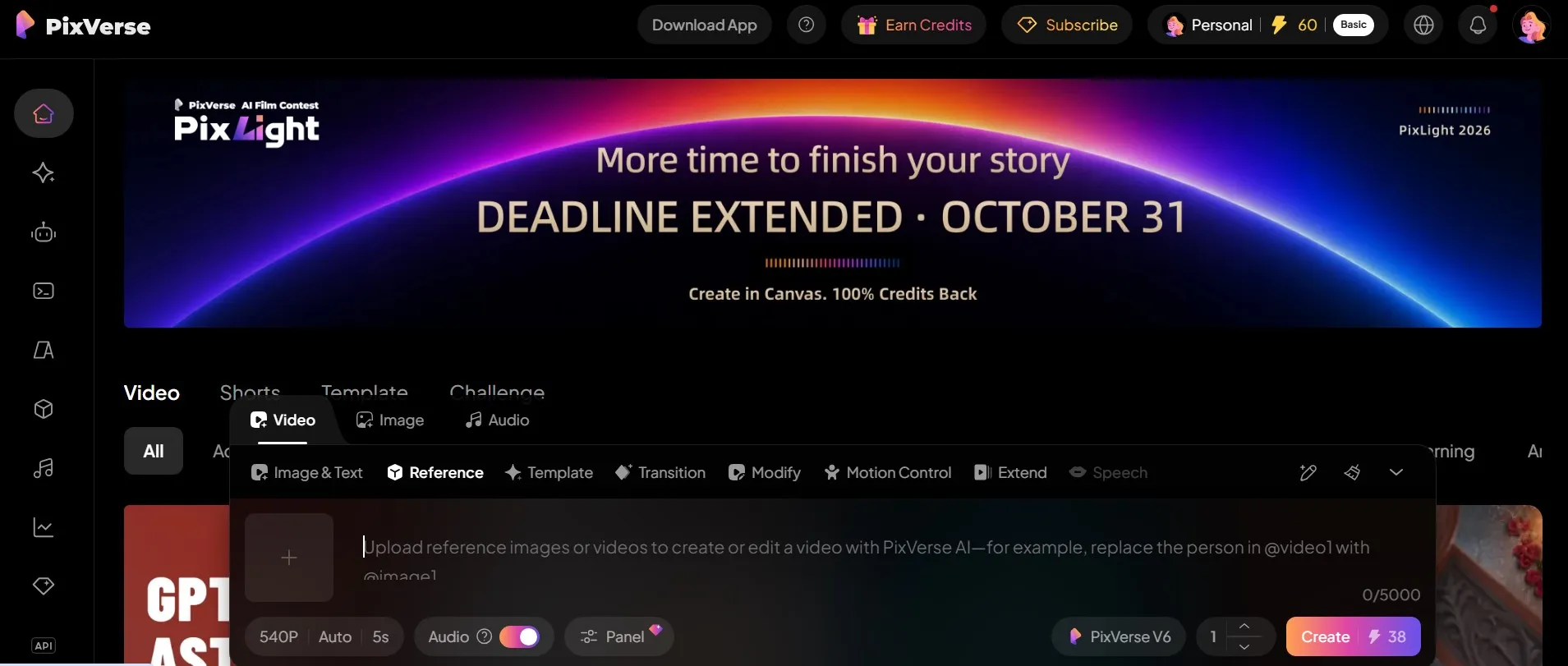 PixVerse create screen with PixVerse V6, 540p, 5 seconds, audio on and 60 credits on a Basic account