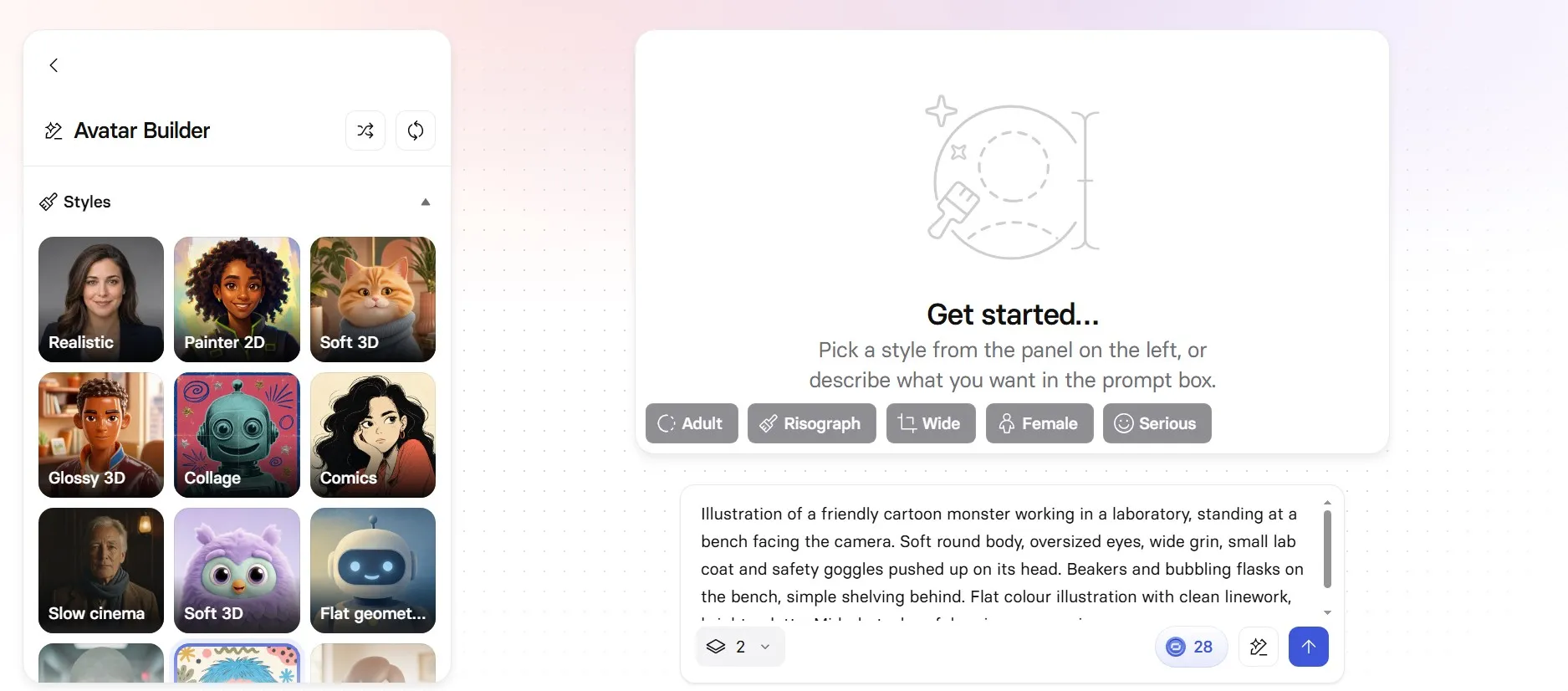 Synthesia AI avatar builder with style options such as Realistic, Painter 2D and Soft 3D and a prompt box